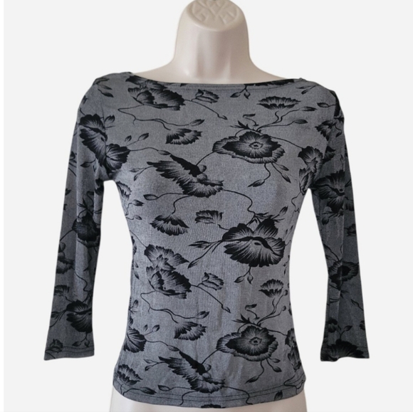 Charlotte Russe Tops - Whimsigoth Vintage Gray and Black Floral Top with Three Quarter Inch Sleeves